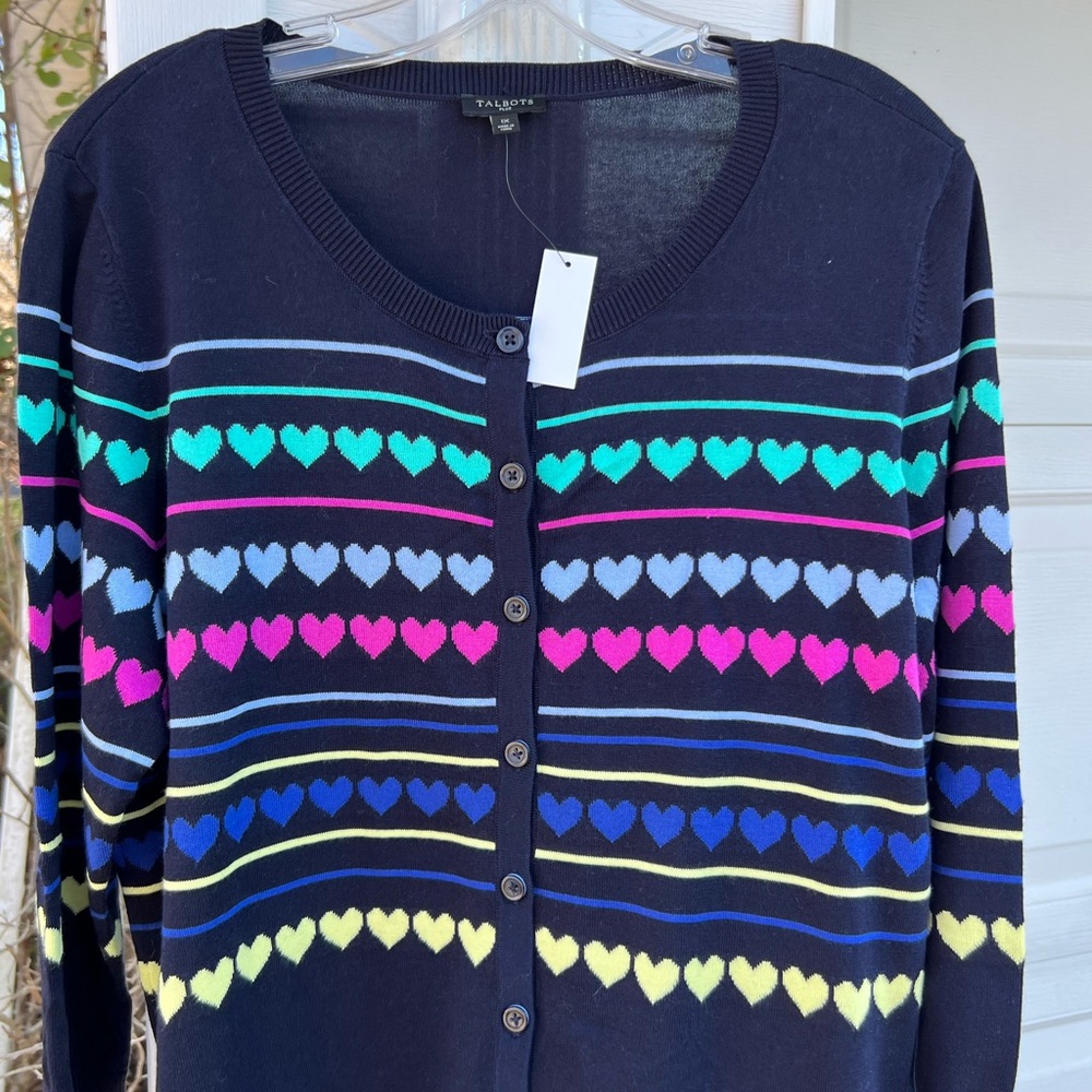 NWT Talbots Fun Navy with Multicolored Hearts Long Sleeve Cardigan - Picture 2 of 5